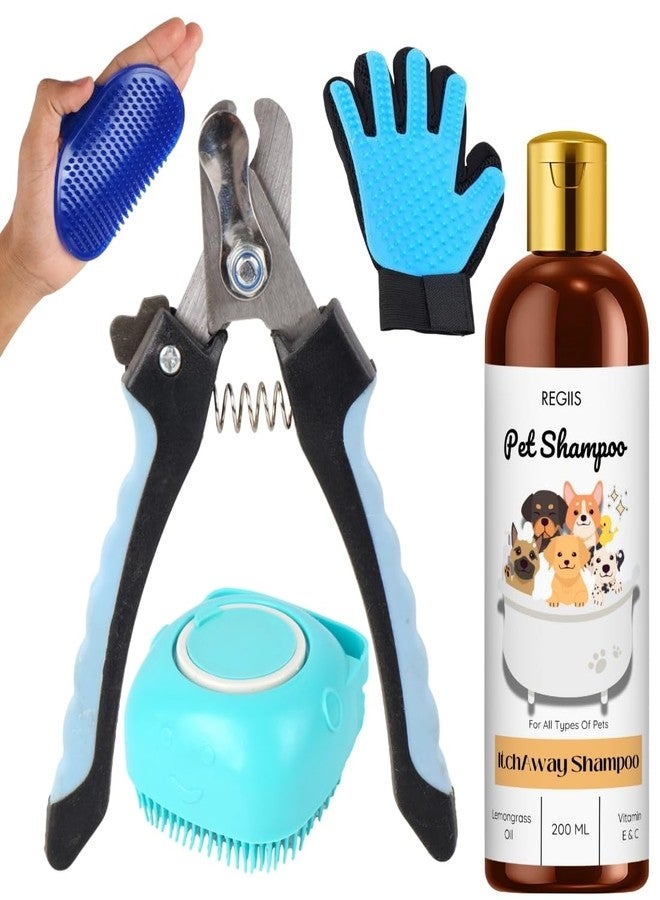 REGIIS Regis Pet Grooming Set with Dog Shampoo, Silicone Bath Brush and Grooming Glove, Blue and Black, 200ml Lemongrass Oil Formula(Pack of 5) - Image 1